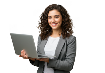 Smiling young woman in grey blazer holding a laptop isolated on transparent background