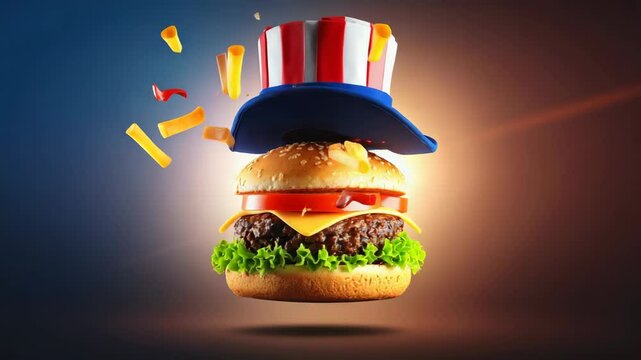 Burger wearing uncle sam's hat celebrating independence day with flying ingredients.