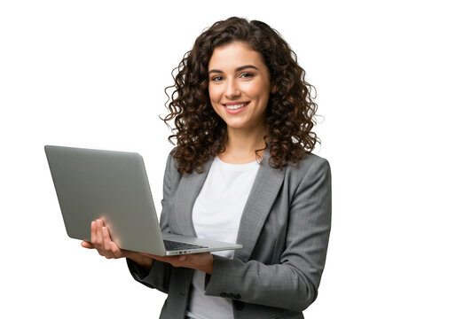 Smiling young woman in grey blazer holding a laptop isolated on transparent background - Powered by Adobe