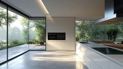 Fototapeta premium White kitchen with glossy black induction cooktop, subtle shadows, designer cooking space