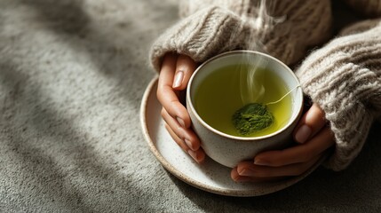 Serene Moment of Tea: A person's hands gently cradle a warm cup of aromatic tea, the steam curling upwards. A quiet moment of reflection and comfort.