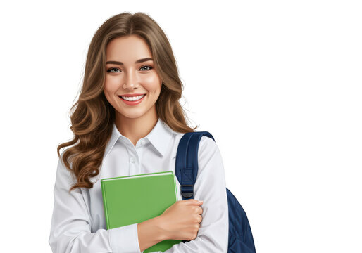 Smiling young woman with book and backpack isolated on transparent background