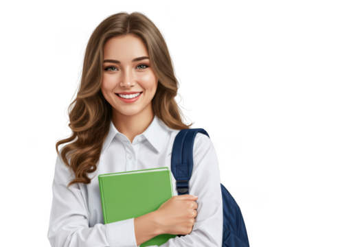 Smiling young woman with book and backpack isolated on transparent background