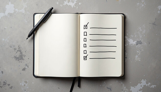 Open notebook with to-do list checkboxes and pen on grey background  