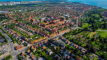 arial panorama of the city Østerstrand, Fredericia in Denmark on a sunny spring day