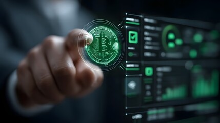 Futuristic cryptocurrency trading dashboard with Bitcoin icon