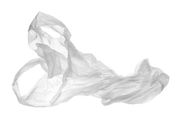 Transparent crumpled plastic shopping, grocery bag in flying isolated on white, clipping path	