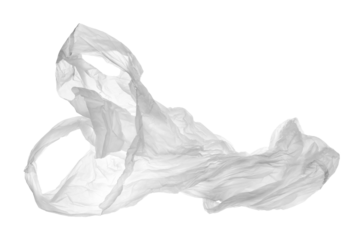 Transparent crumpled plastic shopping, grocery bag in flying isolated on white, clipping path	