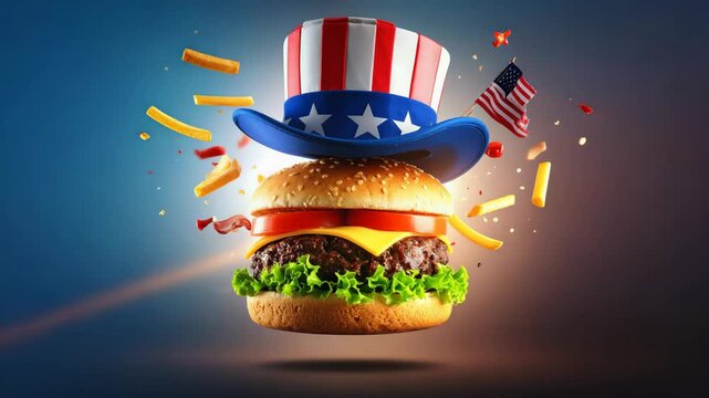 Big burger wearing uncle sam's hat celebrates independence day with flying french fries.