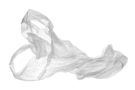 Transparent crumpled plastic shopping, grocery bag in flying isolated on white, clipping path	