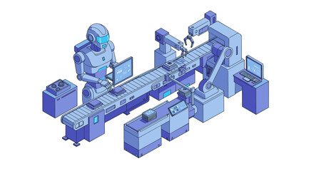 Futuristic factory automation vector illustration: robotics in isometric design for technology posters