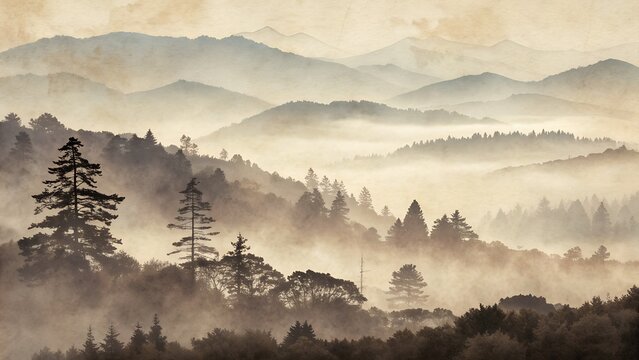 Misty ethereal forest landscape with layered mountains and fog at sunrise in a tranquil, serene atmosphere