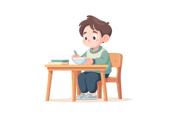 Cartoon child learning table manners – Young boy eating from a bowl in a developmental milestone moment