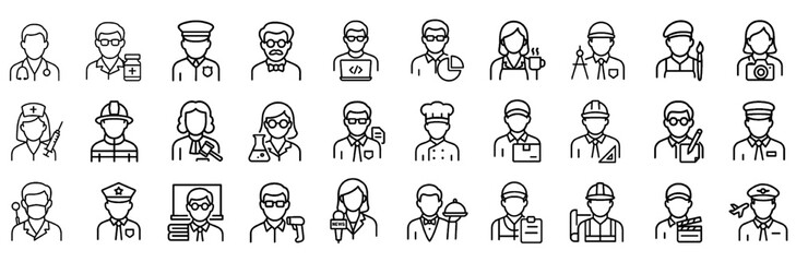 Essential Professions and Diverse Job Roles Line Icon Collection — Editable Stroke Vector Set Featuring Doctor, Chef, Engineer, Pilot, and More.