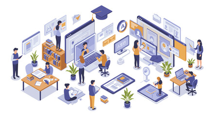 Isometric vector illustration of online learning environment with digital classroom