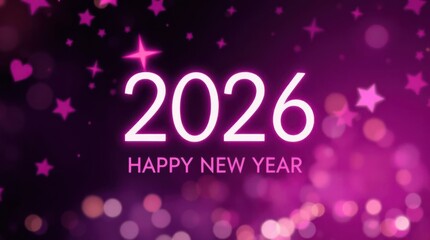 Illuminated 2026 "Happy New Year" against a backdrop of shimmering stars and soft bokeh lights.