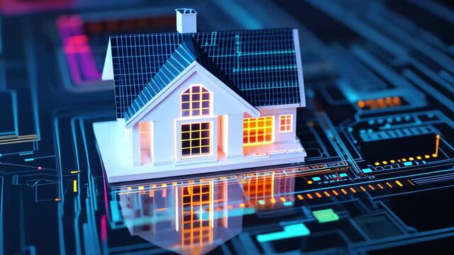 Physical model of house sits on glowing digital circuit board with data streams flowing around it, symbolizing smart home technology, energy management and integrated living
