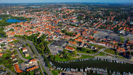 An arial panoramic view of the old town of the harbour city Haderslev in Denmark on a sunny spring morning