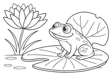 Cute frog sitting on the lotus leaf cartoon outline coloring page for kids