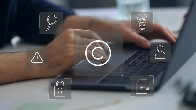 Digital copyright, patent concept. icons representing copyright, intellectual property, patents, legal protection, and safeguarding digital and intel