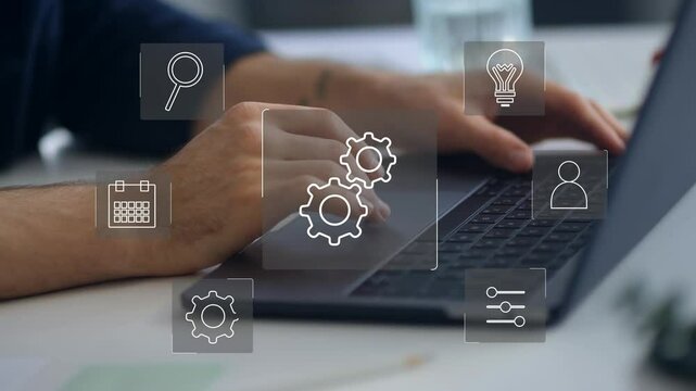 Animation of technology and business process Hyperautomation with digital interface icons