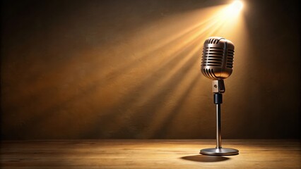 A vintage microphone on a wooden surface illuminated by a spotlight against a textured background, perfect for broadcasting, music, or performance concepts.