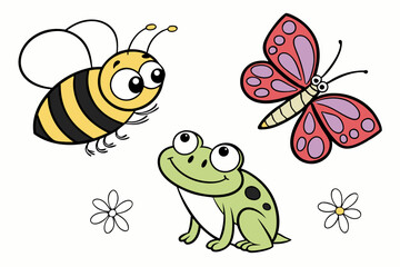 Small creatures - cute Bee, Frog and Butterfly, simple thick lines kids or children cartoon coloring book pages. Clean drawing can be vectorized to illustration.