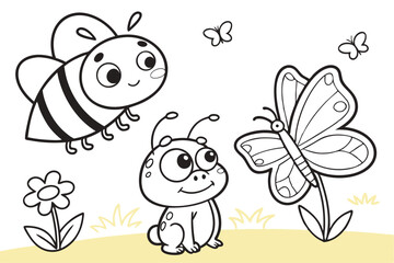 Small creatures - cute Bee, Frog and Butterfly, simple thick lines kids or children cartoon coloring book pages. Clean drawing can be vectorized to illustration.
