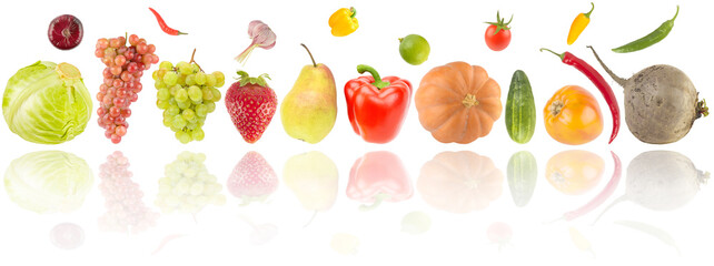 Multicolored fresh fruits and vegetables with light reflection isolated on white