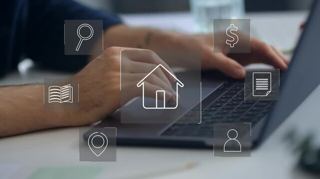 real estate concept, property value diagram, hands typing on computer as background, buy a house