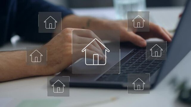 real estate concept, property value diagram, hands typing on computer as background, buy a house