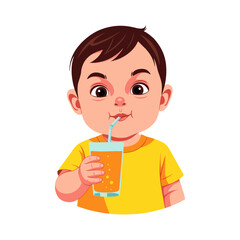 Cute Baby Drinking Orange Juice with Straw – Vector Illustration.