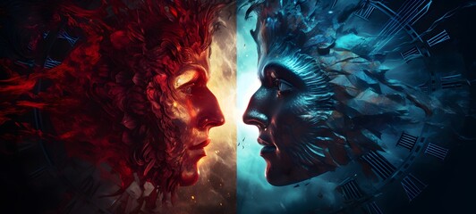 pop surreal unreal silhouettes spiral towards angel vs devil, ai generatif