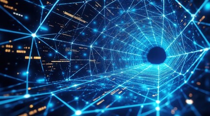 Obraz premium A glowing blue digital tunnel formed by interconnected lines and nodes represents futuristic technology and data flow in a cyberspace environment.