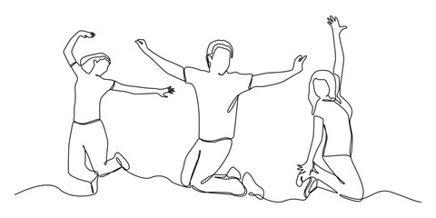  Continuous line art of happy work team isolated on white background. 3 Jumping office friends line art.