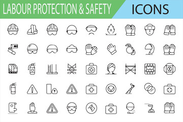  A set of Labour Protection & Safety icons, illustrating essential workplace safety equipment and symbols. The collection includes icons for helmets, goggles, gloves, first aid kits, fire extinguisher