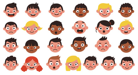 Diverse faces with emotions vector illustration - flat style expression design for cards and posters