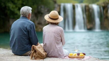 Senior couple relaxing outdoors by tranquil waterfall, enjoying peaceful summer picnic with fruit and wine, surrounded by nature, leisure travel, serene atmosphere, togetherness, romantic moments - Powered by Adobe