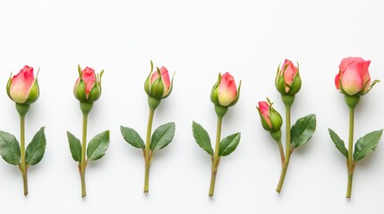 Obraz premium Seven small pink rosebuds arranged in a row on white background.