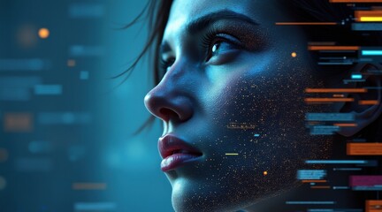 A futuristic human face merges with digital data streams, symbolizing the intersection of technology and humanity in a cybernetic, blue-toned environment.