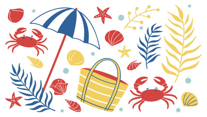 Summer Beach Scene:  Hand-drawn Illustration,  Coastal Style, Cheerful Mood,  Seashells, Crabs, Beach Bag, Umbrella, Tropical Leaves.