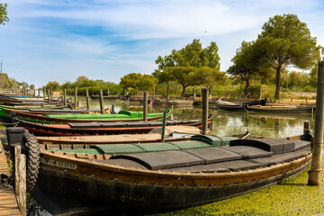 Traditional fishing boats docked in albufera natural park, valencia, spain
