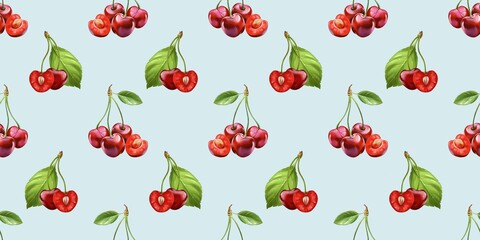 Cherries with green leaves in a repeating pattern on a light blue background celebrating natural beauty