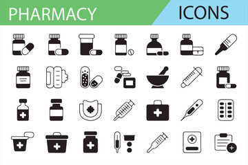 Pharmacy and Health Icons: Prescription, Medicine, Healthcare Tools, and Equipment