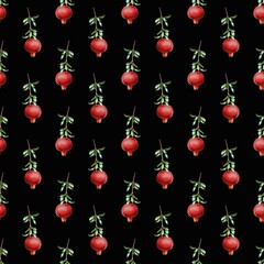 Colorful pomegranate pattern design featuring vibrant fruits and leaves on a black background for decorative use