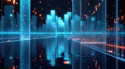 Fototapeta premium A futuristic digital cityscape with glowing blue holographic buildings and orange data points reflected on a sleek surface.