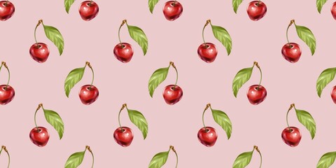 Cherry pattern design featuring ripe red cherries with green leaves on a soft pink background