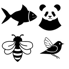 Fototapeta premium silhouette vector icon set: fish, panda, bee, bird