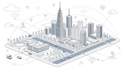 Obraz premium A digital cityscape on a tablet, illustrating smart city technology with buildings, roads, vehicles, and wireless connectivity icons.