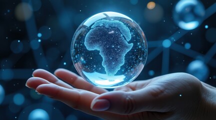 A hand holding a glowing, transparent sphere containing a digital representation of Africa, set against a futuristic dark background with floating light particles.